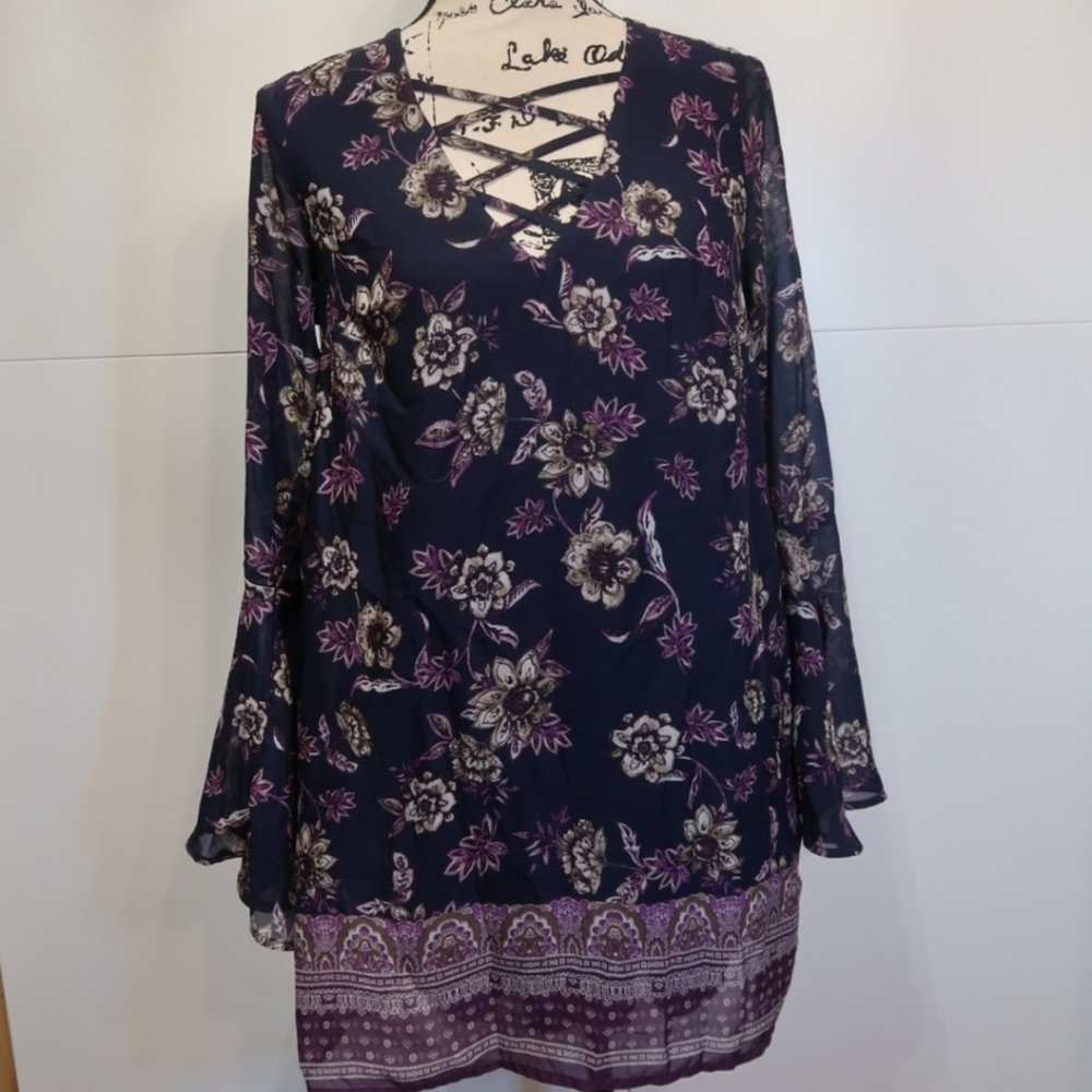 Boho Floral Bell Sleeve Dress | Lace Up Neck | Festival Tunic Small
